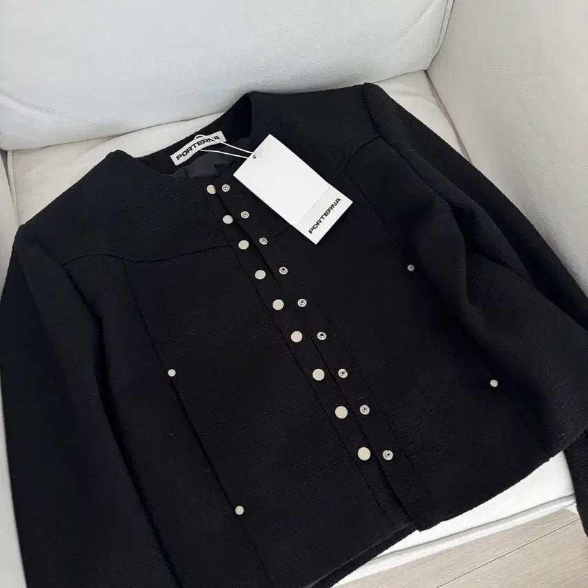 [BUNJANG] Portena Tweed Snap Crop Jacket Black / portena 포르테나 트위드 스냅 크롭 자켓 블랙