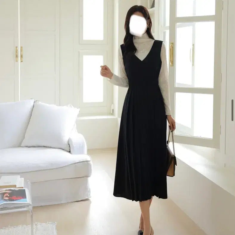 [BUNJANG] Pleated Sleeveless Long Dress Black / 프리) 플리츠 민소매 롱원피스 블랙 (벨트 포함)