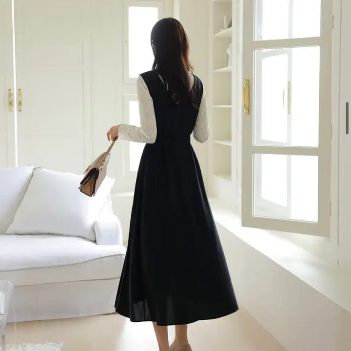 [BUNJANG] Pleated Sleeveless Long Dress Black / 프리) 플리츠 민소매 롱원피스 블랙 (벨트 포함)