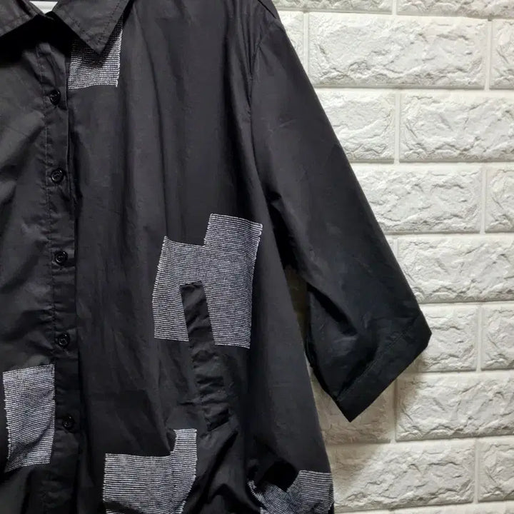 [BUNJANG] Patchwork Design Black Short Sleeve Shirt Jacket / 패치워크 디자인 블랙 반팔 셔츠.자켓