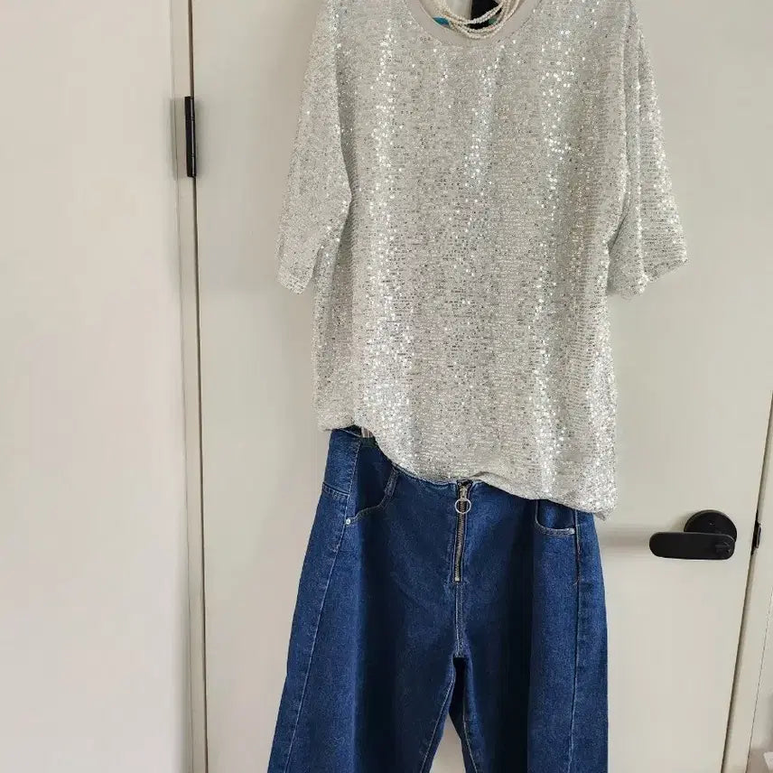 [BUNJANG] Sequin Short Sleeve T-Shirt / 스팽글 반팔 티셔츠