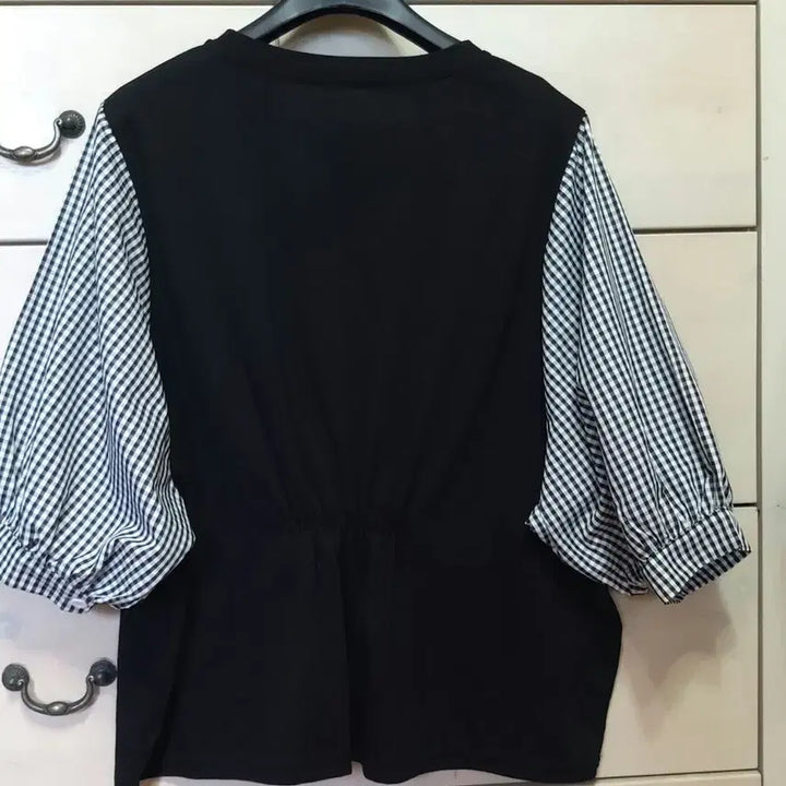 [BUNJANG] Black Check Colorblock Blouse / 블랙  체크 배색 블라우스/새상품급