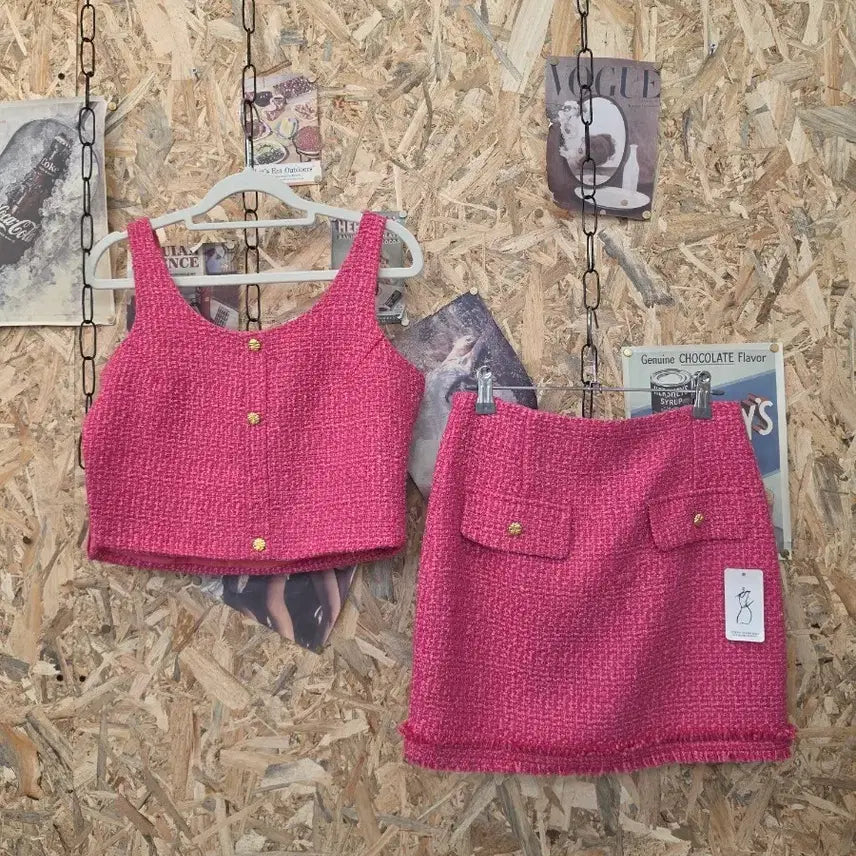 [BUNJANG] Hot Pink Tweed Crop Top Mini Skirt Set / 핫핑크 트위드 크롭탑 미니 스커트 셋업