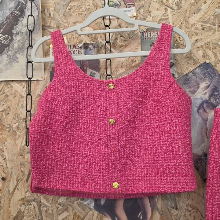 [BUNJANG] Hot Pink Tweed Crop Top Mini Skirt Set / 핫핑크 트위드 크롭탑 미니 스커트 셋업