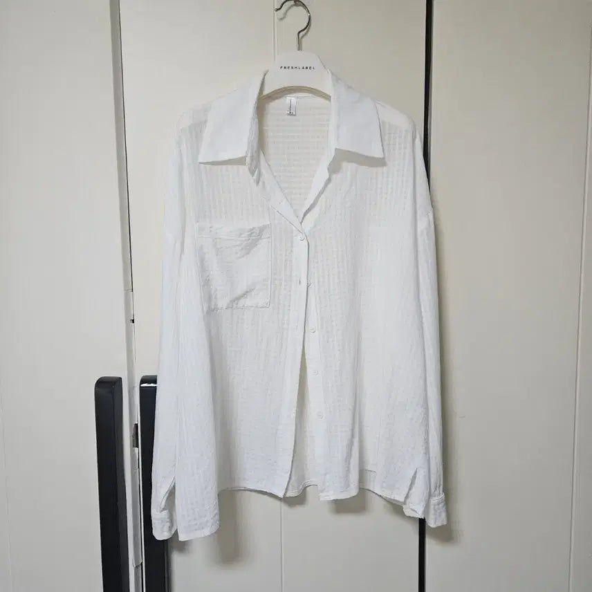 [BUNJANG] White Grid See-Through Shirt Loose Fit / [1번 착용] 화이트 격자 시스루 살안타 셔츠 루즈핏