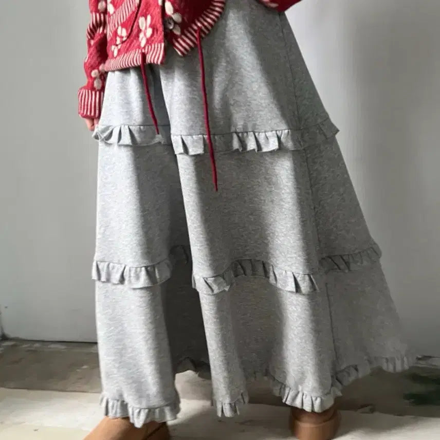 [BUNJANG] Kimahop Gray Ruffled Long Skirt / 김아홉 그레이 캉캉 롱스커트 롱치마