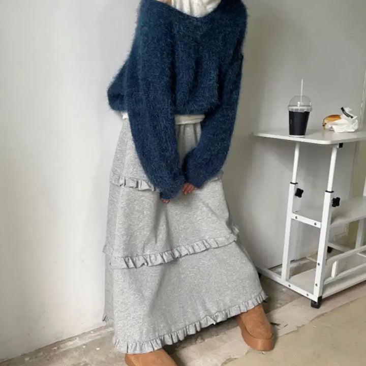 [BUNJANG] Kimahop Gray Ruffled Long Skirt / 김아홉 그레이 캉캉 롱스커트 롱치마