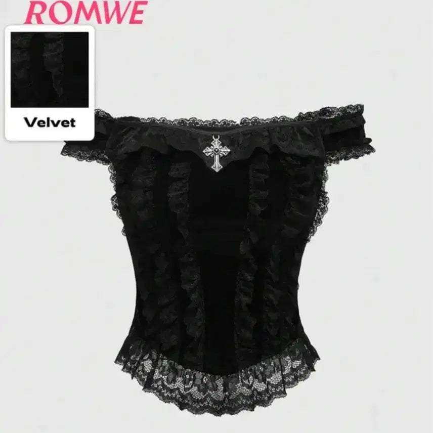[BUNJANG] Velvet Lace Off-Shoulder Black Blouse / 벨벳 레이스 오프숄더 블랙 블라우스 시즈니룩 고스로리 고스펑크 지뢰계