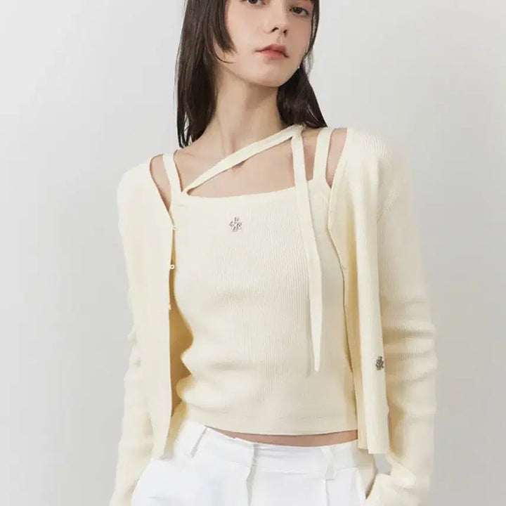 [BUNJANG] Citybreeze Sleek Strap Tank Cardigan Set Cream / 시티브리즈 슬릭 스트랩 나시 가디건 세트 크림 색상