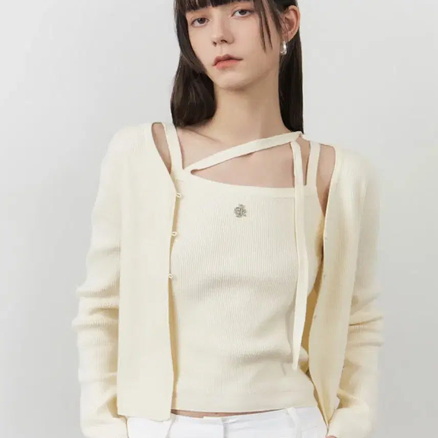 [BUNJANG] Citybreeze Sleek Strap Tank Cardigan Set Cream / 시티브리즈 슬릭 스트랩 나시 가디건 세트 크림 색상