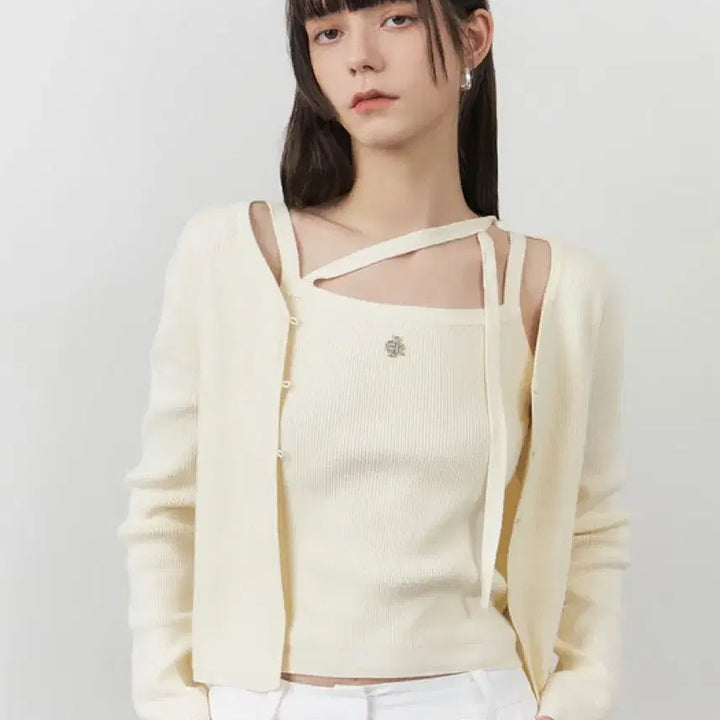[BUNJANG] Citybreeze Sleek Strap Tank Cardigan Set Cream / 시티브리즈 슬릭 스트랩 나시 가디건 세트 크림 색상
