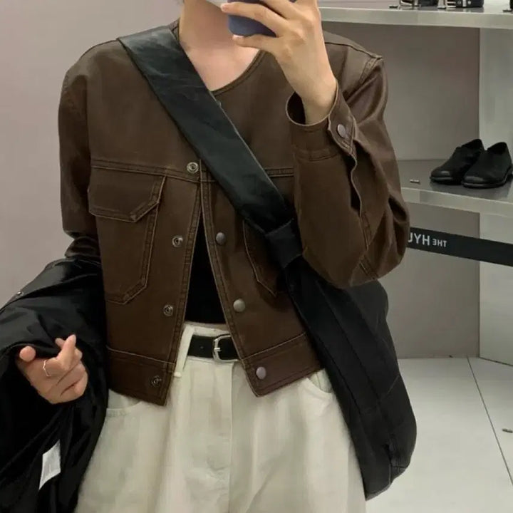 [BUNJANG] Obi Nine Vintage Leather Jacket Brown / 오브나인 빈티지 레더 자켓