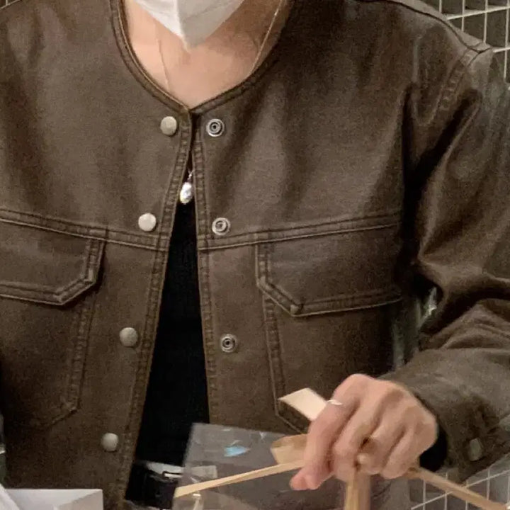 [BUNJANG] Obi Nine Vintage Leather Jacket Brown / 오브나인 빈티지 레더 자켓