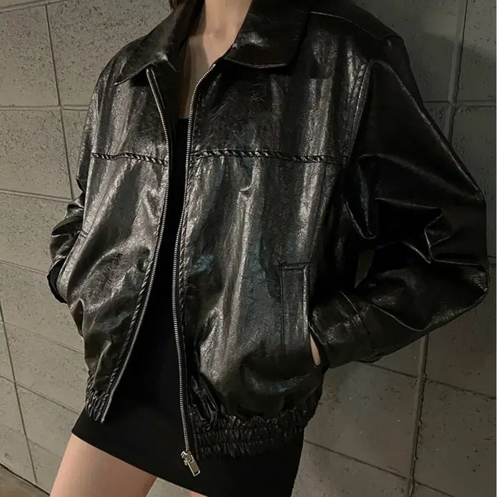 [BUNJANG] Collar Leather Zip-Up Jacket Black / 카라 레더 집업 자켓 블랙