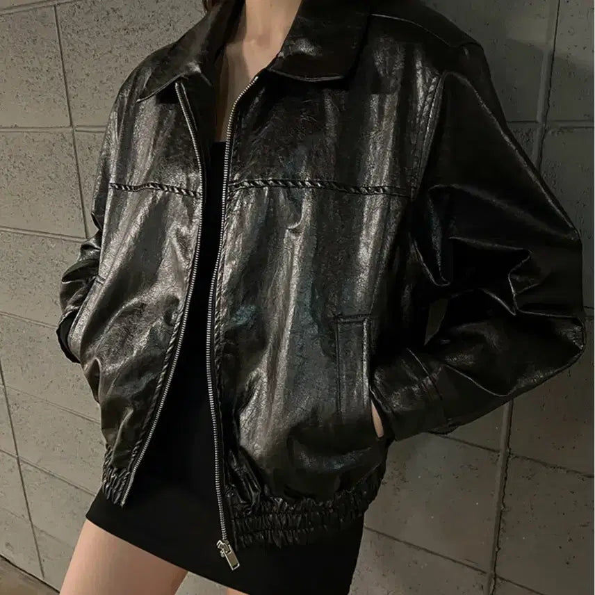 [BUNJANG] Collar Leather Zip-Up Jacket Black / 카라 레더 집업 자켓 블랙