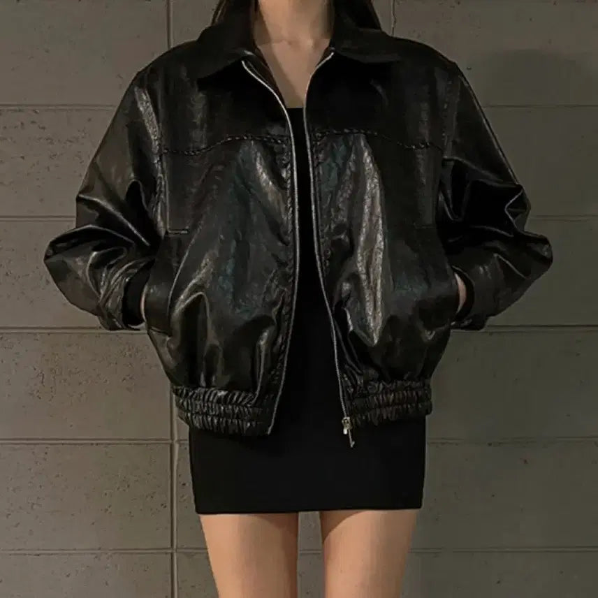 [BUNJANG] Collar Leather Zip-Up Jacket Black / 카라 레더 집업 자켓 블랙