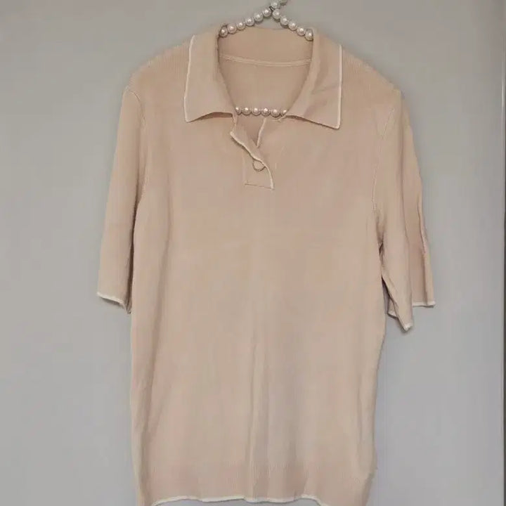 [BUNJANG] Beige Collar Neck Short Sleeve Knit 66 Size / 66새옷)베이지 카라넥 반팔 니트 66사이즈