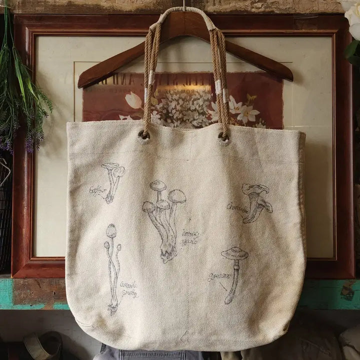[BUNJANG] Vintage Mushroom Hand-Drawn Canvas Tote Bag / 핸드 드로잉 캔버스 토트백 빈티지 더플백 리메이크 화이트 머쉬룸