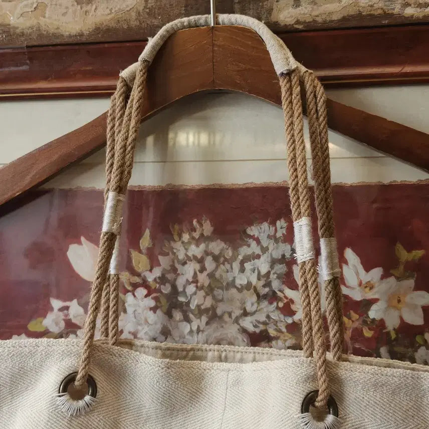 [BUNJANG] Vintage Mushroom Hand-Drawn Canvas Tote Bag / 핸드 드로잉 캔버스 토트백 빈티지 더플백 리메이크 화이트 머쉬룸