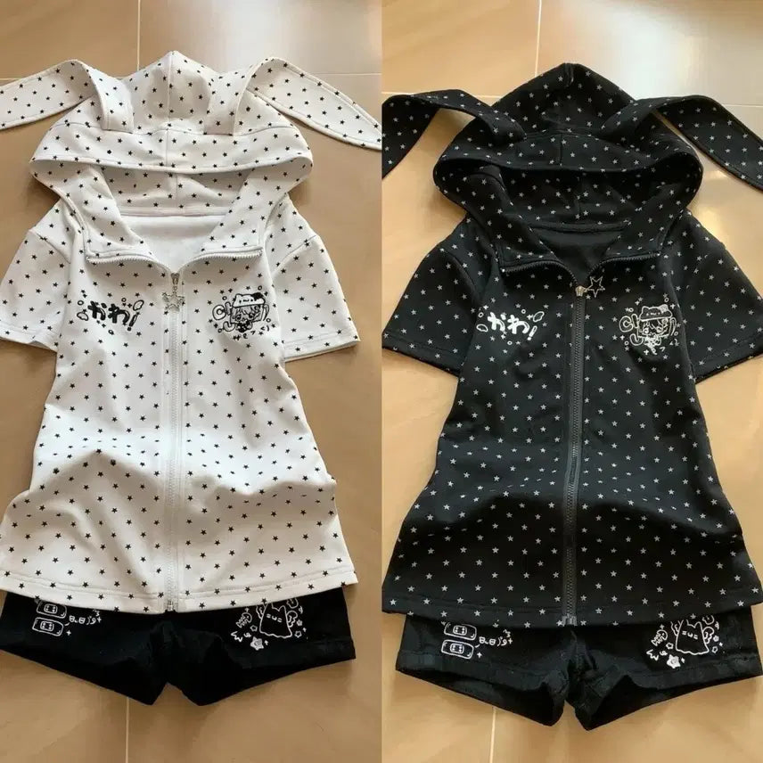 [BUNJANG] Rabbit Ear Short Sleeve Hoodie Zip-up (2 Colors) / 지뢰계 토끼귀 반소매 후드집업(2컬러)