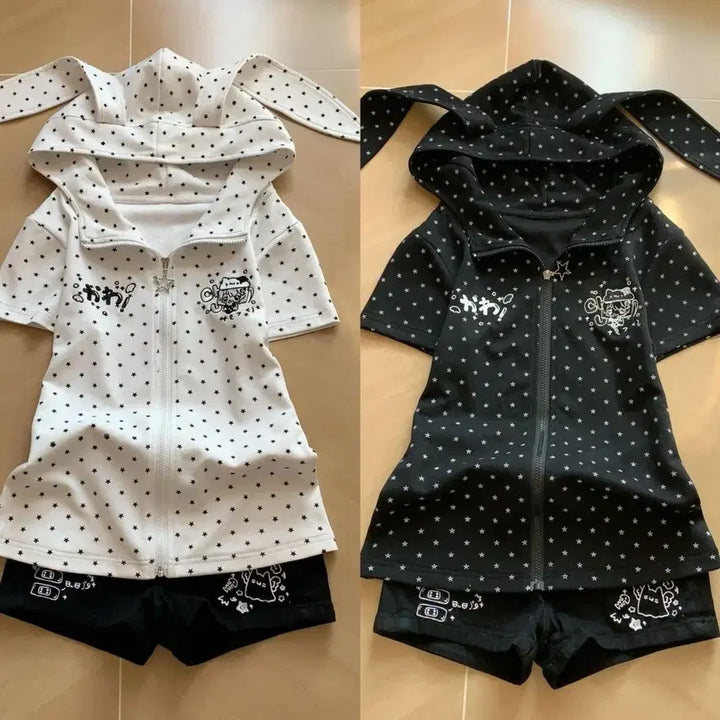[BUNJANG] Rabbit Ear Short Sleeve Hoodie Zip-up (2 Colors) / 지뢰계 토끼귀 반소매 후드집업(2컬러)