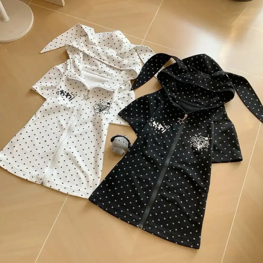 [BUNJANG] Rabbit Ear Short Sleeve Hoodie Zip-up (2 Colors) / 지뢰계 토끼귀 반소매 후드집업(2컬러)