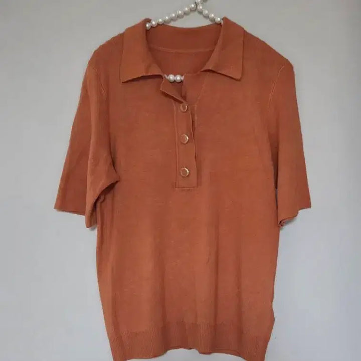 [BUNJANG] Orange Brown Short-Sleeve Collar Knit (Size 66) / 66새옷)오렌지 브라운 반팔 카라 니트 66사이즈