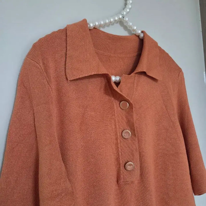 [BUNJANG] Orange Brown Short-Sleeve Collar Knit (Size 66) / 66새옷)오렌지 브라운 반팔 카라 니트 66사이즈