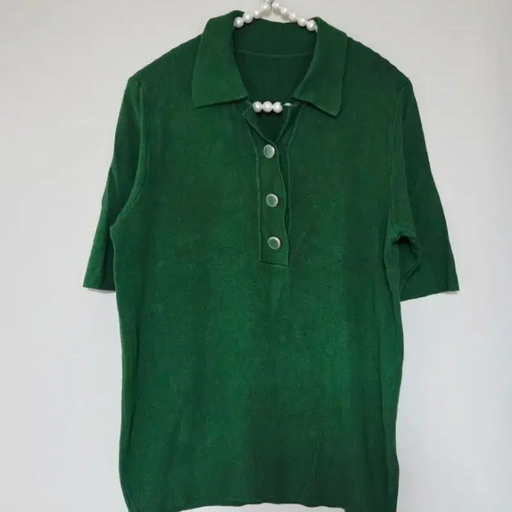[BUNJANG] Short-Sleeve Collar Knit - Green, Size 66 / 66새옷)반팔 카라 니트 그린 66사이즈