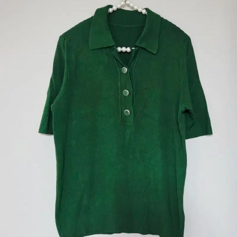 [BUNJANG] Short-Sleeve Collar Knit - Green, Size 66 / 66새옷)반팔 카라 니트 그린 66사이즈