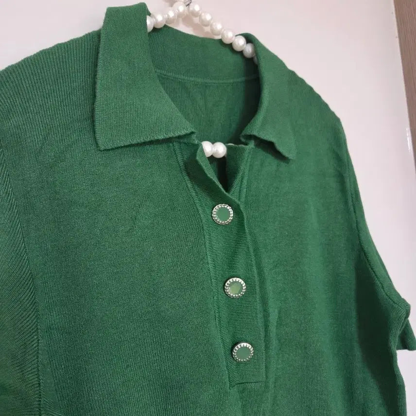 [BUNJANG] Short-Sleeve Collar Knit - Green, Size 66 / 66새옷)반팔 카라 니트 그린 66사이즈