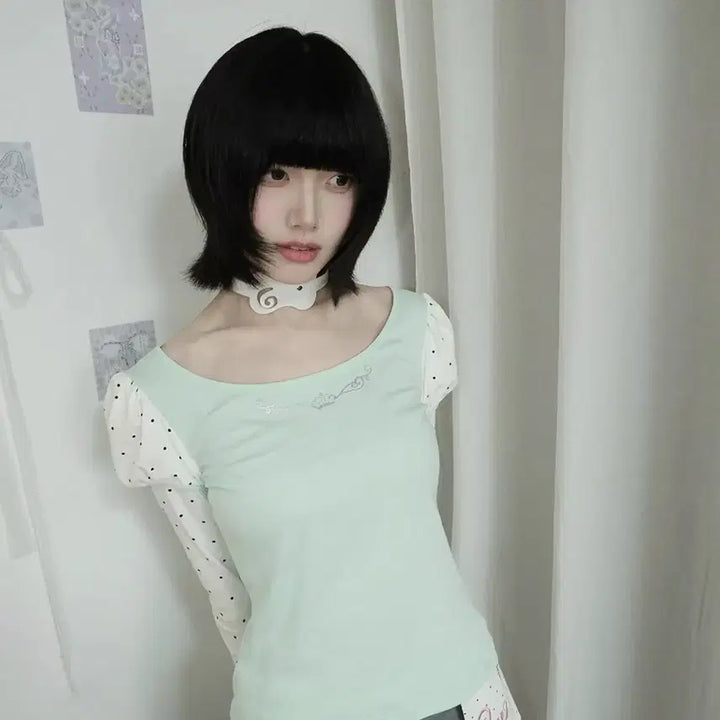 [BUNJANG] Seaweed Garden Mint Green Silver Dot T-shirt / seaweed garden 실버 도트 민트 그린 티셔츠 모리걸 러블리