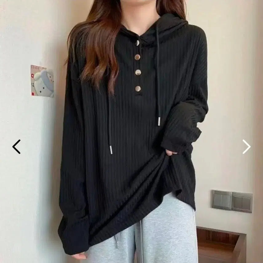 [BUNJANG] Loose Fit Long Sleeve Button-Up Hoodie / 골지 후드 단추 긴팔티셔츠 루즈핏