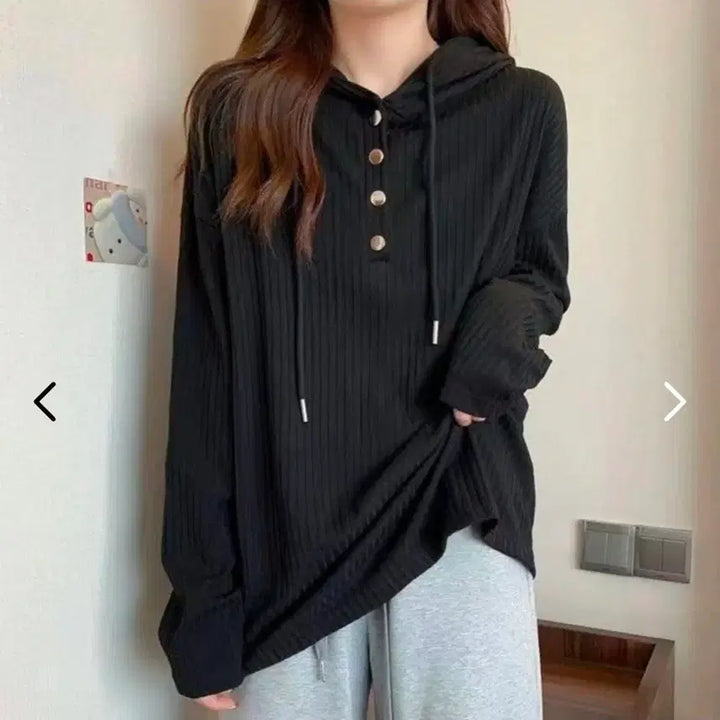 [BUNJANG] Loose Fit Long Sleeve Button-Up Hoodie / 골지 후드 단추 긴팔티셔츠 루즈핏