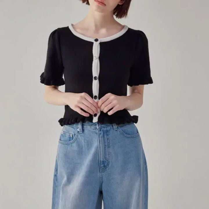 [BUNJANG] Ronron Heart Button Frill Knit Cardigan Black / [품절/택O] 론론 하트 버튼 프릴 니트 가디건 블랙