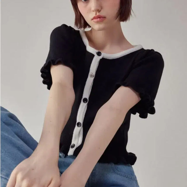 [BUNJANG] Ronron Heart Button Frill Knit Cardigan Black / [품절/택O] 론론 하트 버튼 프릴 니트 가디건 블랙
