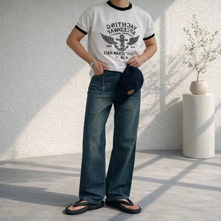 [BUNJANG] Reagan Yacht Muscle Fit Ringer T-Shirt / 남자 링거 배색 머슬 반팔 티셔츠 3컬러