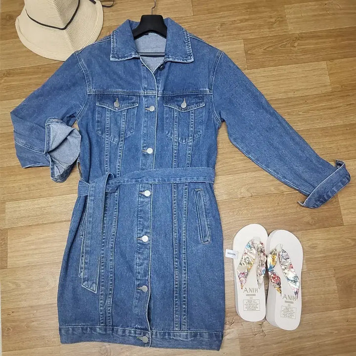 [BUNJANG] Belted Denim Trench Dress / 벨티드 데님 트렌치코트 겸 청 원피스 여자 90 55