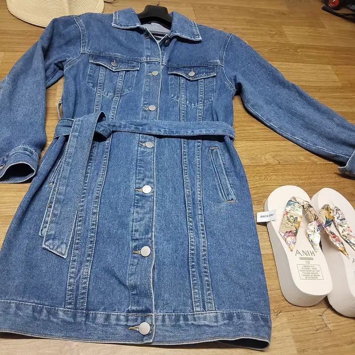 [BUNJANG] Belted Denim Trench Dress / 벨티드 데님 트렌치코트 겸 청 원피스 여자 90 55