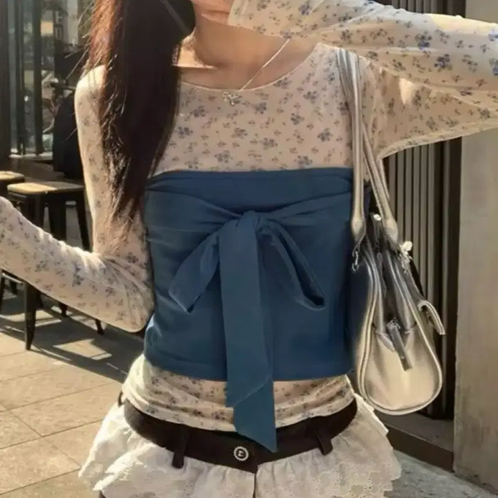 [BUNJANG] Floral See-through Long Sleeve &amp; Ribbon Tube Top Set / 플라워 시스루 긴팔 + 리본 튜브탑 세트 / 데일리 러블리 데이트룩 빈티