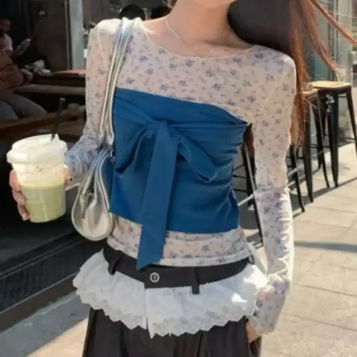 [BUNJANG] Floral See-through Long Sleeve &amp; Ribbon Tube Top Set / 플라워 시스루 긴팔 + 리본 튜브탑 세트 / 데일리 러블리 데이트룩 빈티