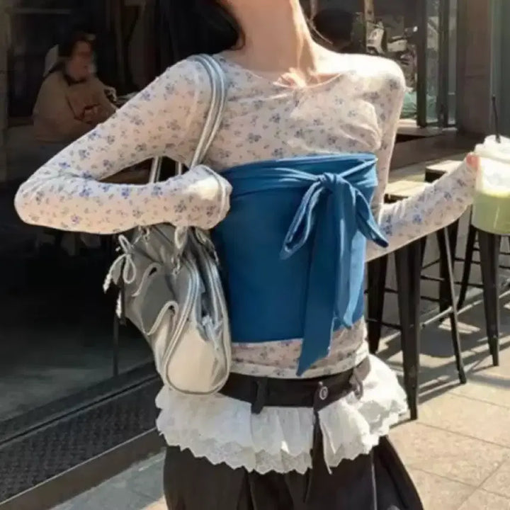 [BUNJANG] Floral See-through Long Sleeve &amp; Ribbon Tube Top Set / 플라워 시스루 긴팔 + 리본 튜브탑 세트 / 데일리 러블리 데이트룩 빈티