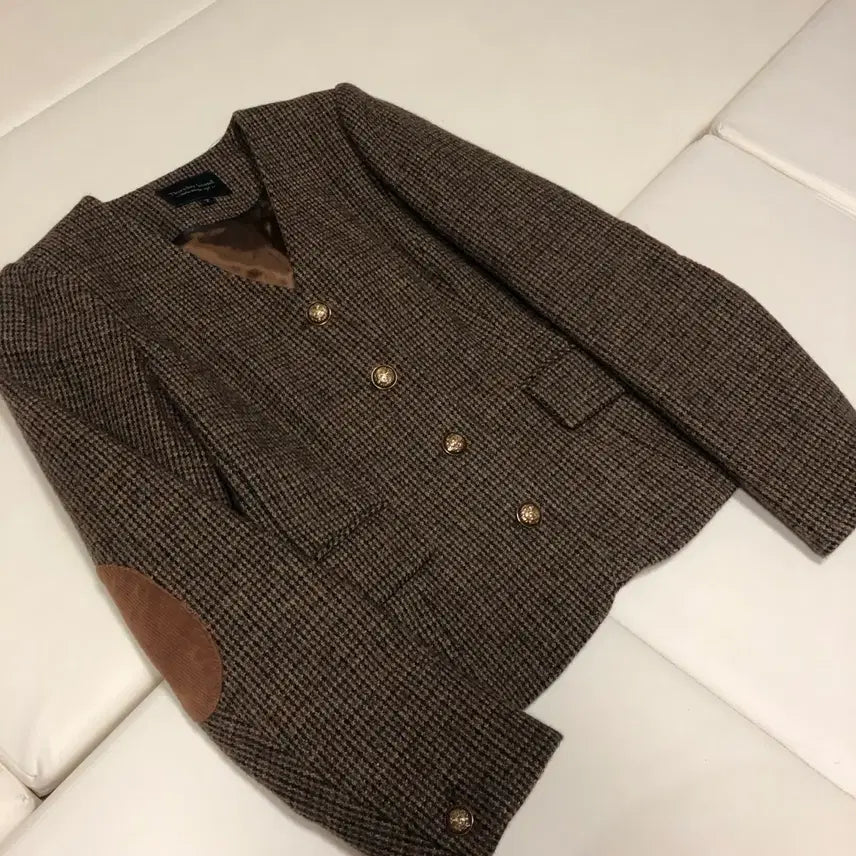 [BUNJANG] Thursday Island Check Elbow Patch Slim V-Neck Wool Jacket / 써스데이아일랜드 22년 울 자켓 체크 엘보패치 슬림 브이넥 코트 컨추리