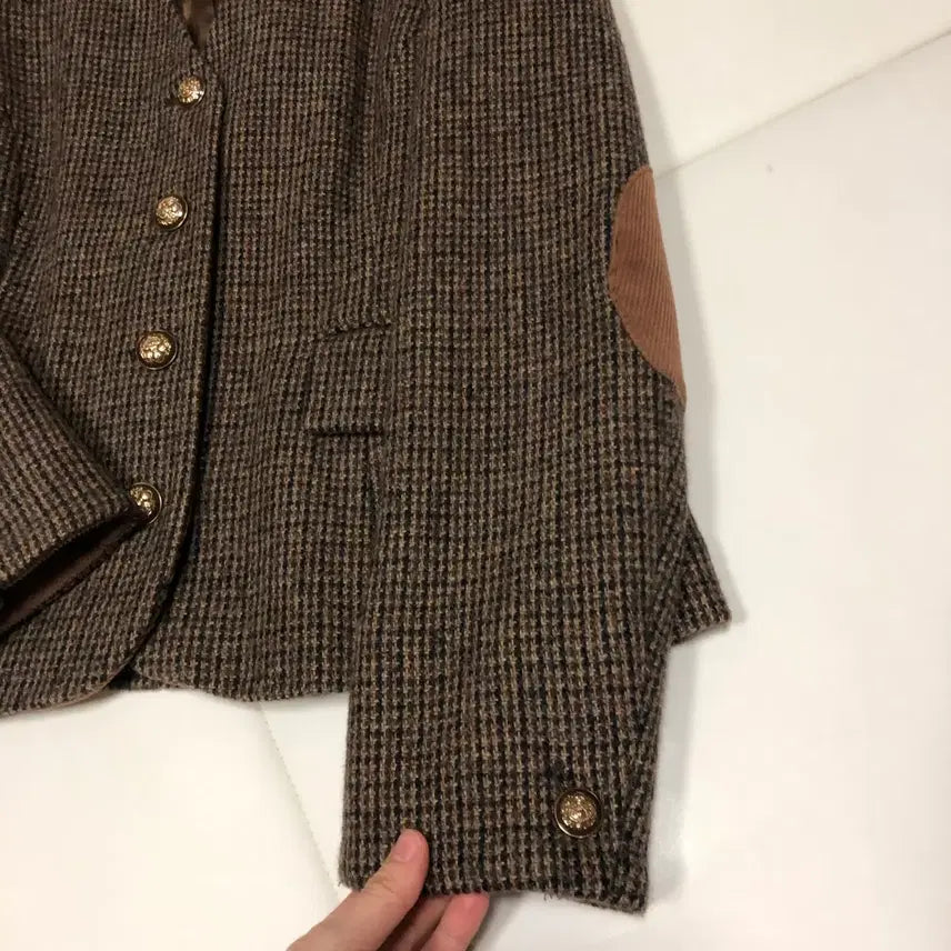 [BUNJANG] Thursday Island Check Elbow Patch Slim V-Neck Wool Jacket / 써스데이아일랜드 22년 울 자켓 체크 엘보패치 슬림 브이넥 코트 컨추리