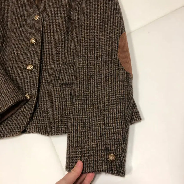 [BUNJANG] Thursday Island Check Elbow Patch Slim V-Neck Wool Jacket / 써스데이아일랜드 22년 울 자켓 체크 엘보패치 슬림 브이넥 코트 컨추리