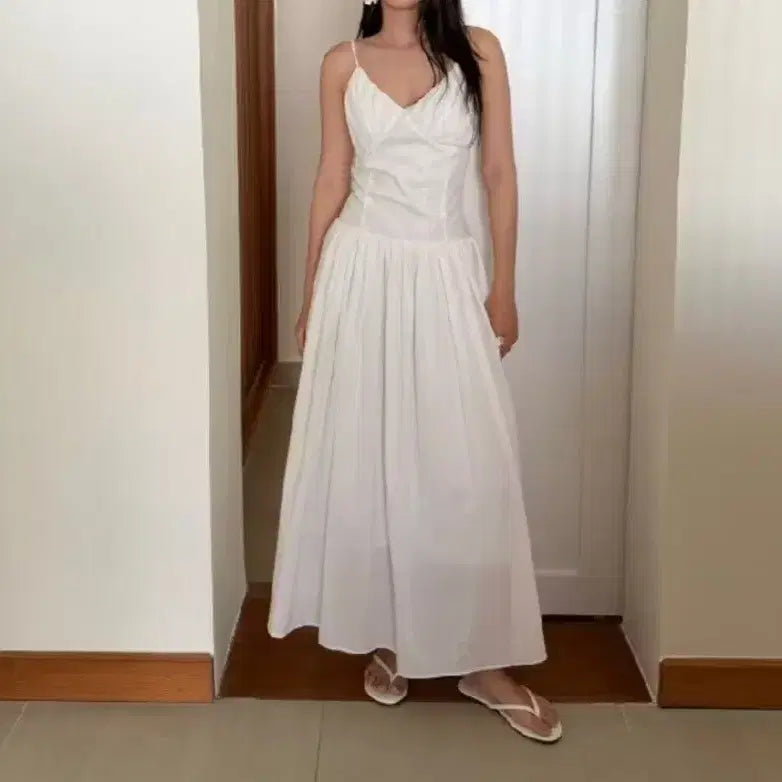 [BUNJANG] White Shirred Long Dress / 캐쥬얼 웨딩 스냅 화이트 셔링 롱 드레스