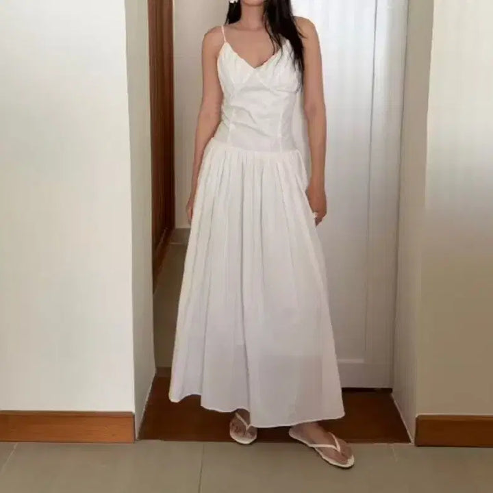 [BUNJANG] White Shirred Long Dress / 캐쥬얼 웨딩 스냅 화이트 셔링 롱 드레스
