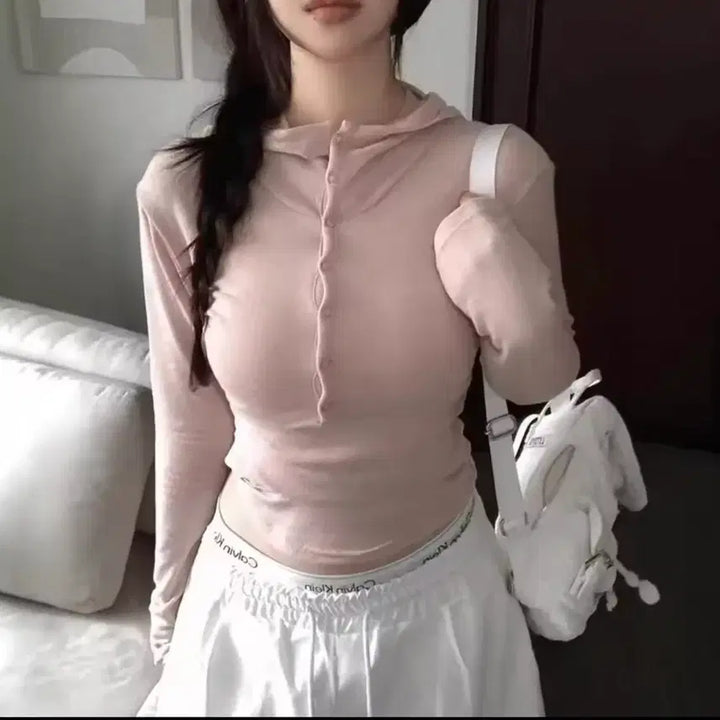 [BUNJANG] Pink Hoodie Long Sleeve T-Shirt / 핑크  후드 긴팔티 / 데일리 캐주얼 데이트룩 러블리 빈티지 y2k