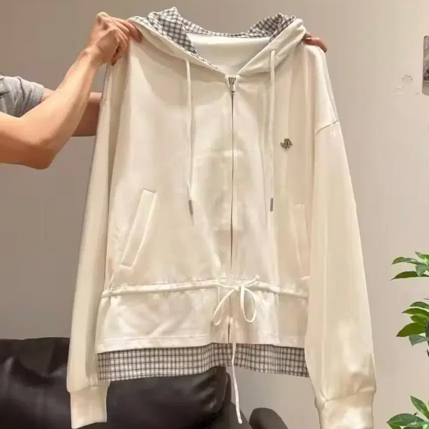 [BUNJANG] Ivory Checkered Color Block Hooded Zip-up / 아이보리 체크 배색 후드 집업 / 데일리 캐주얼 데이트룩 러블리 빈티지