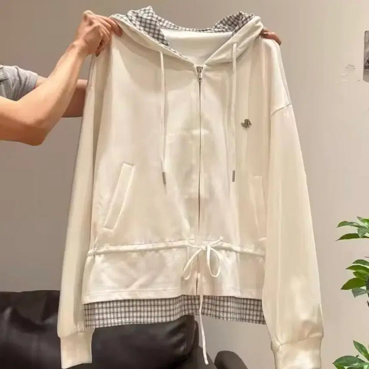 [BUNJANG] Ivory Checkered Color Block Hooded Zip-up / 아이보리 체크 배색 후드 집업 / 데일리 캐주얼 데이트룩 러블리 빈티지